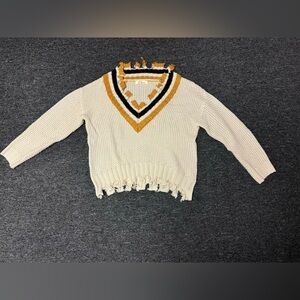 Elan Cream Croquette knit V-Neck Sweater with Mustard and Navy Trim